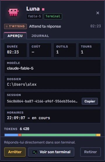 La fiche de l’agent Luna, statut « T’attend » : durée, coût, outils, tours, modèle, dossier, session, horaires, jauge de tokens et boutons « Arrêter » et « Voir son terminal ».