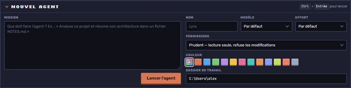 Le panneau « Nouvel agent » : champ Mission, nom, modèle, effort, permissions « Prudent — lecture seule », couleurs et dossier de travail, avec le bouton « Lancer l’agent ».