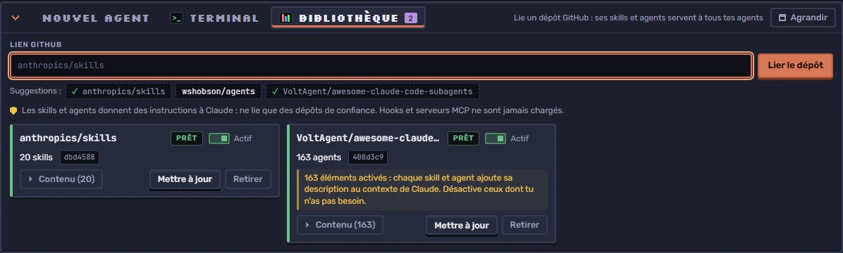 L’onglet Bibliothèque : un champ « Lien GitHub », le bouton « Lier le dépôt » et deux dépôts liés marqués « Prêt » (20 skills et 163 agents).