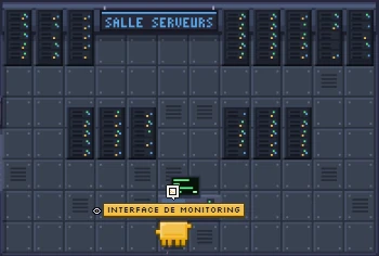 La salle serveurs : baies de serveurs et une console où un agent travaille sur une « Interface de monitoring ».