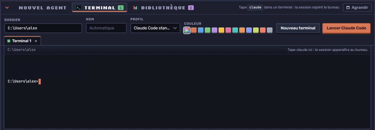 L’onglet Terminal de PixelQG : dossier, nom, profil, couleur, boutons « Nouveau terminal » et « Lancer Claude Code », et une invite de commande prête.